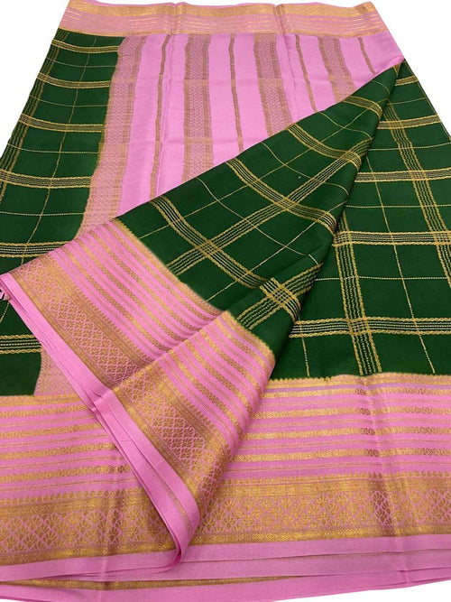 Green Handloom Mysore Pure Crepe Silk Saree - Elegant and Luxurious - Luxurion World