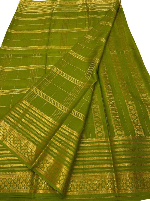 Green Handloom Mysore Pure Crepe Silk Saree - Elegant and Ethereal - Luxurion World