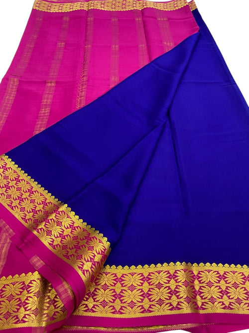 Blue Handloom Mysore Pure Crepe Silk Saree - Luxurion World
