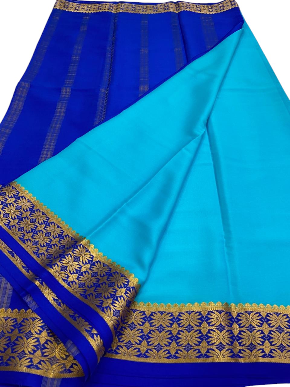 Blue Handloom Mysore Pure Crepe Silk Saree - Luxurion World