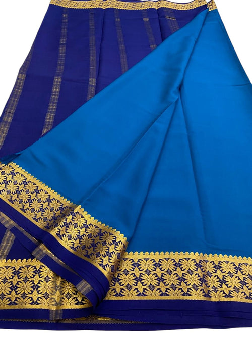 Blue Handloom Mysore Pure Crepe Silk Saree - Luxurion World