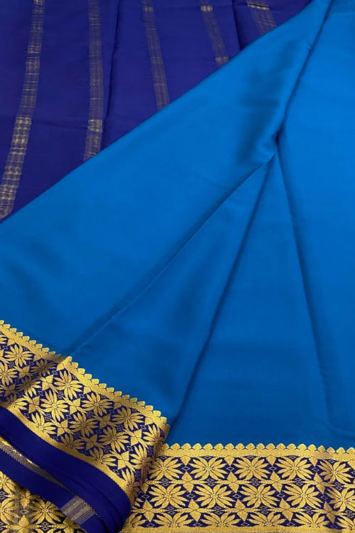Blue Handloom Mysore Pure Crepe Silk Saree - Luxurion World