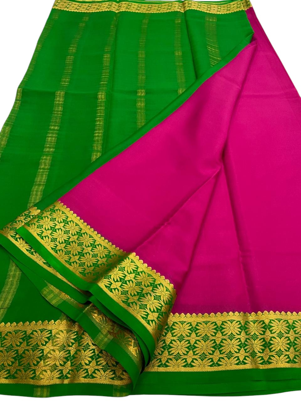 Pink Handloom Mysore Pure Crepe Silk Saree - Luxurion World