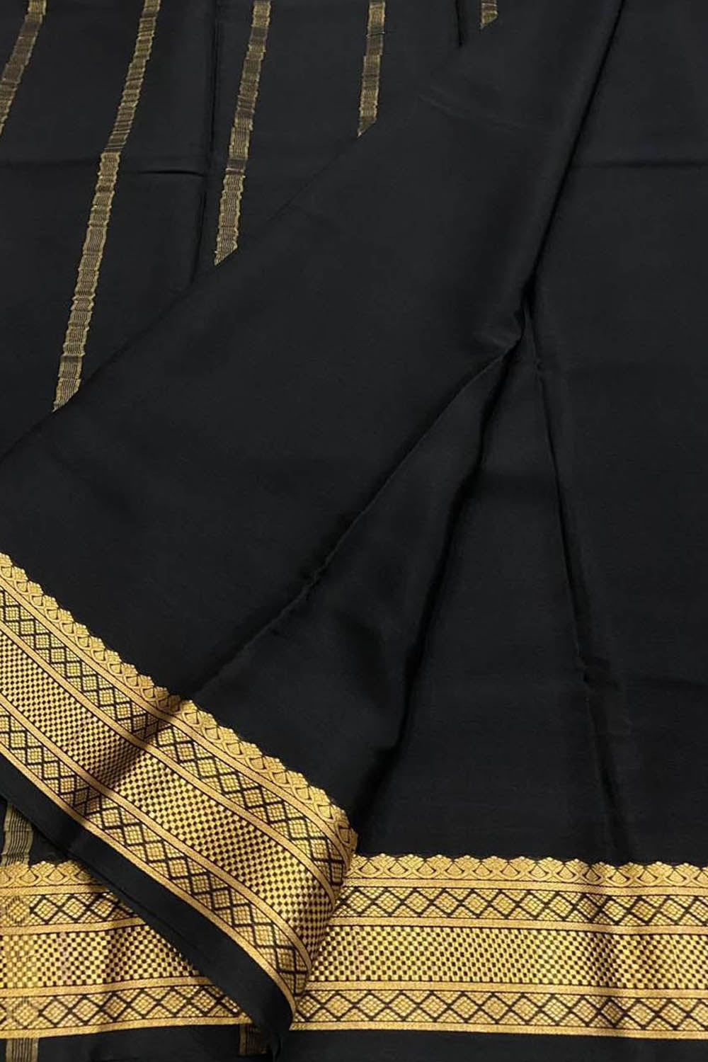Black Handloom Mysore Pure Crepe Silk Saree - Luxurion World