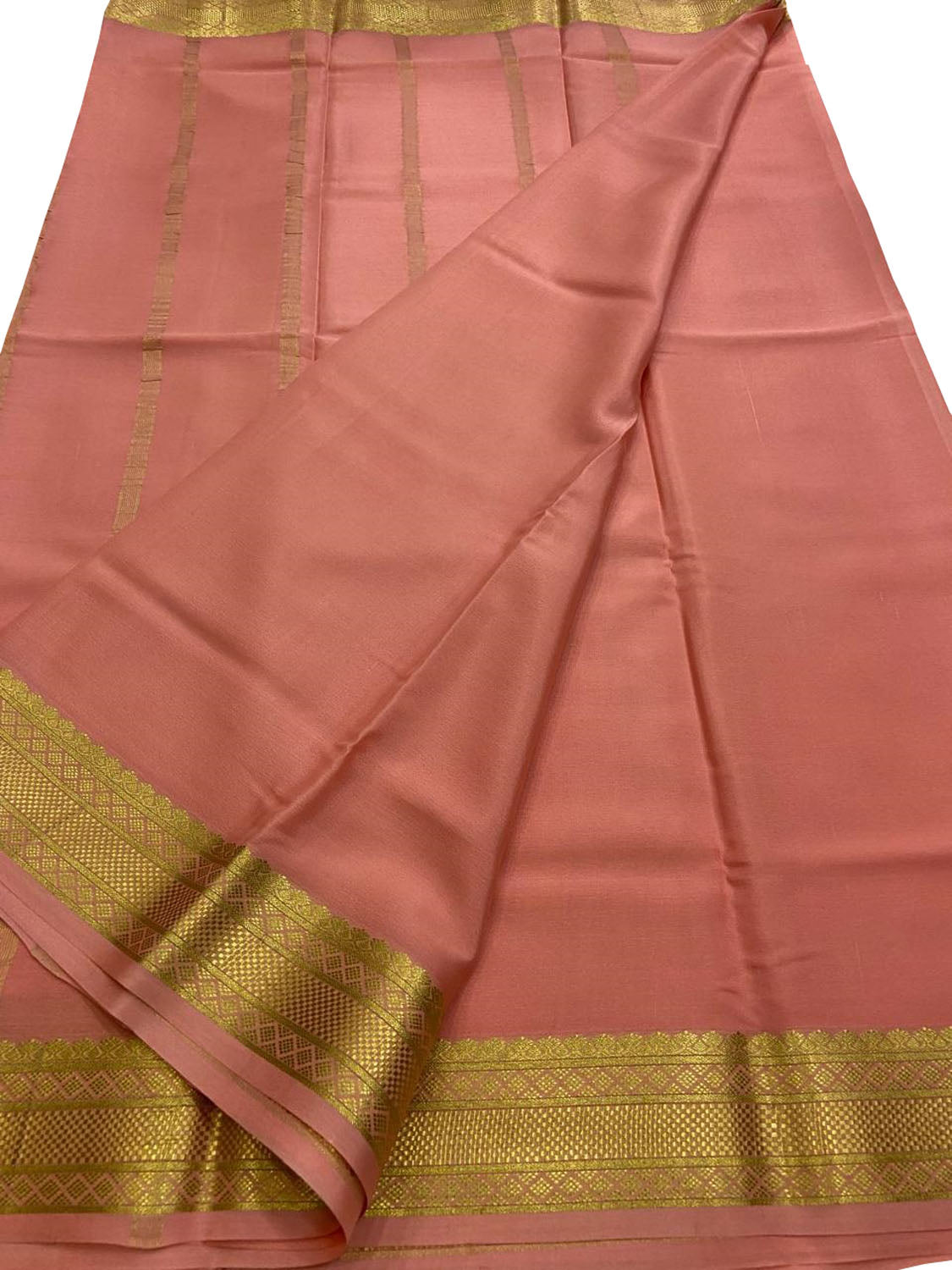 Peach Handloom Mysore Pure Crepe Silk Saree - Luxurion World