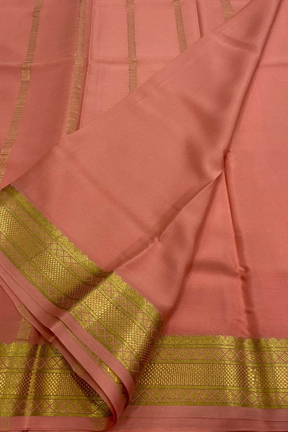 Peach Handloom Mysore Pure Crepe Silk Saree - Luxurion World
