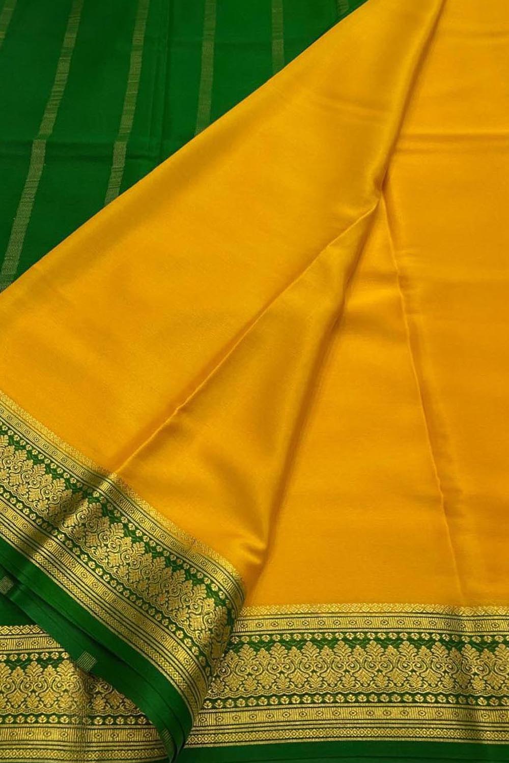 Yellow Handloom Mysore Pure Crepe Silk Saree - Luxurion World