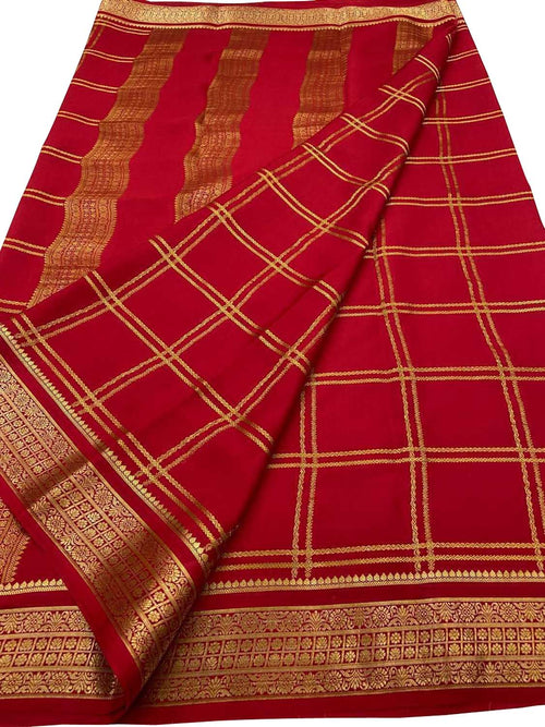 Red Handloom Mysore Pure Crepe Silk Saree