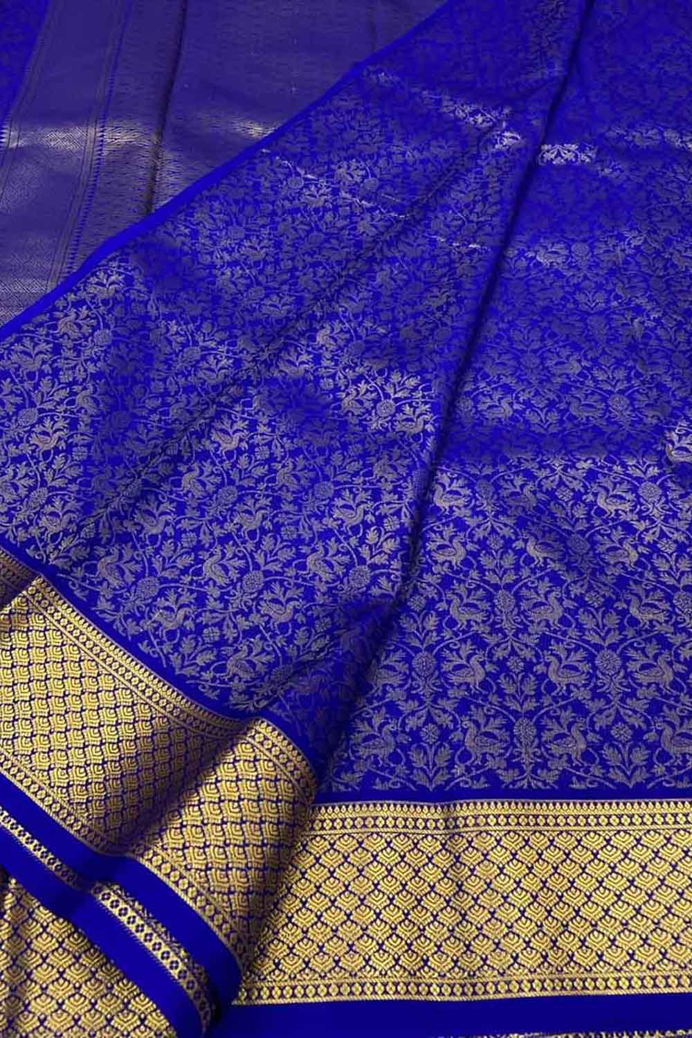 Blue Handloom Mysore Pure Crepe Silk Saree