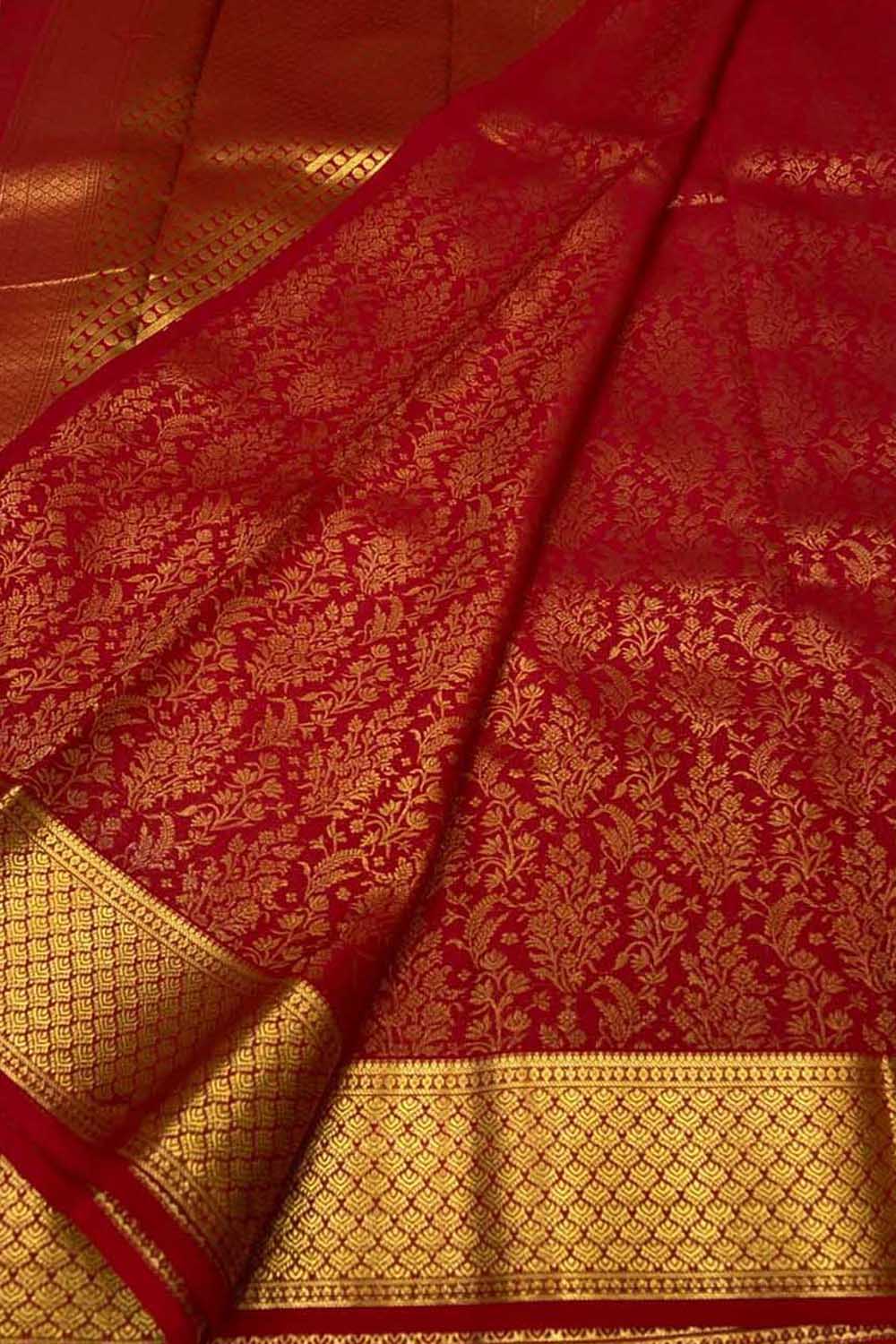 Red Handloom Mysore Pure Crepe Silk Saree
