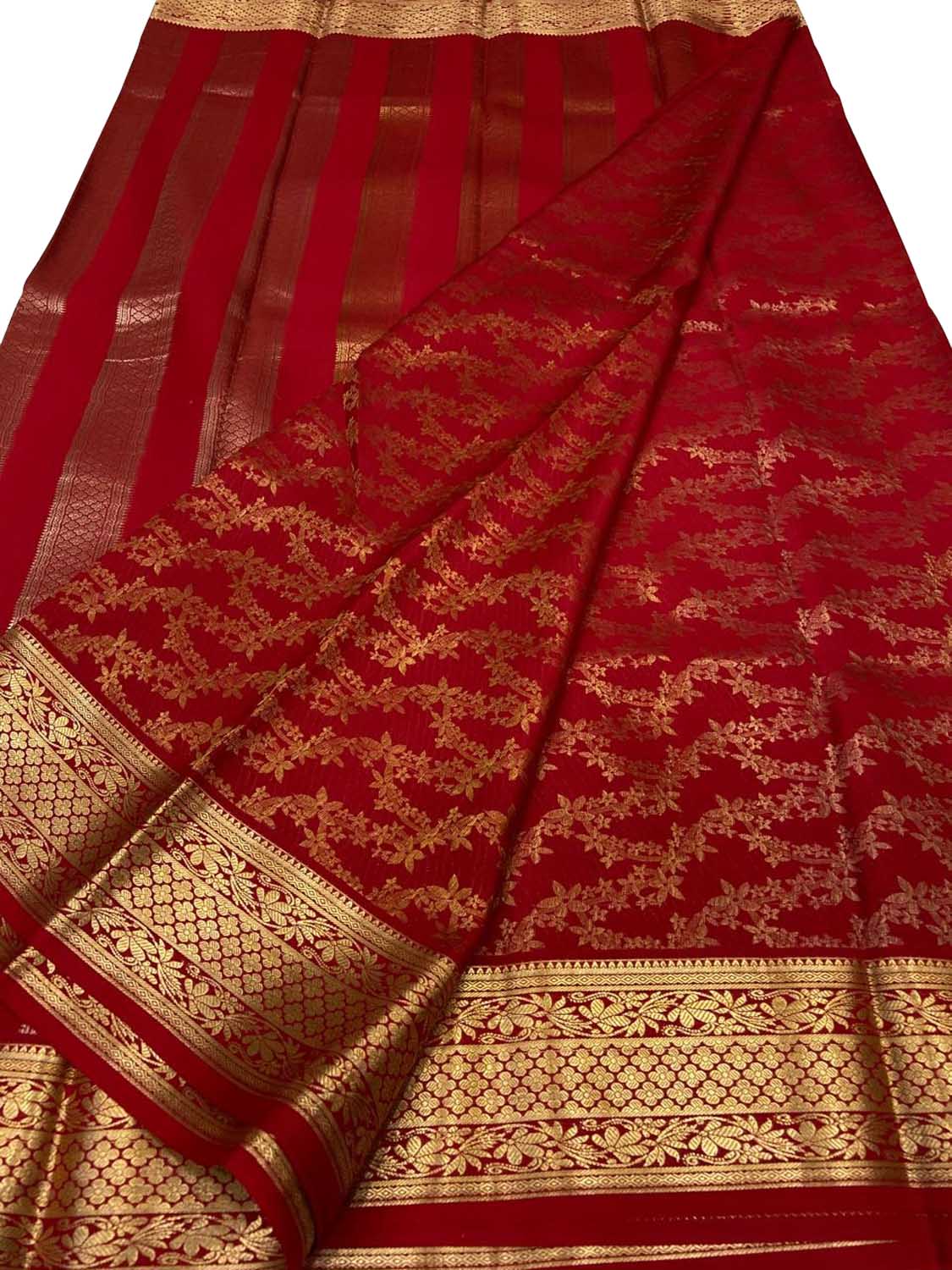 Red Handloom Mysore Pure Crepe Silk Saree