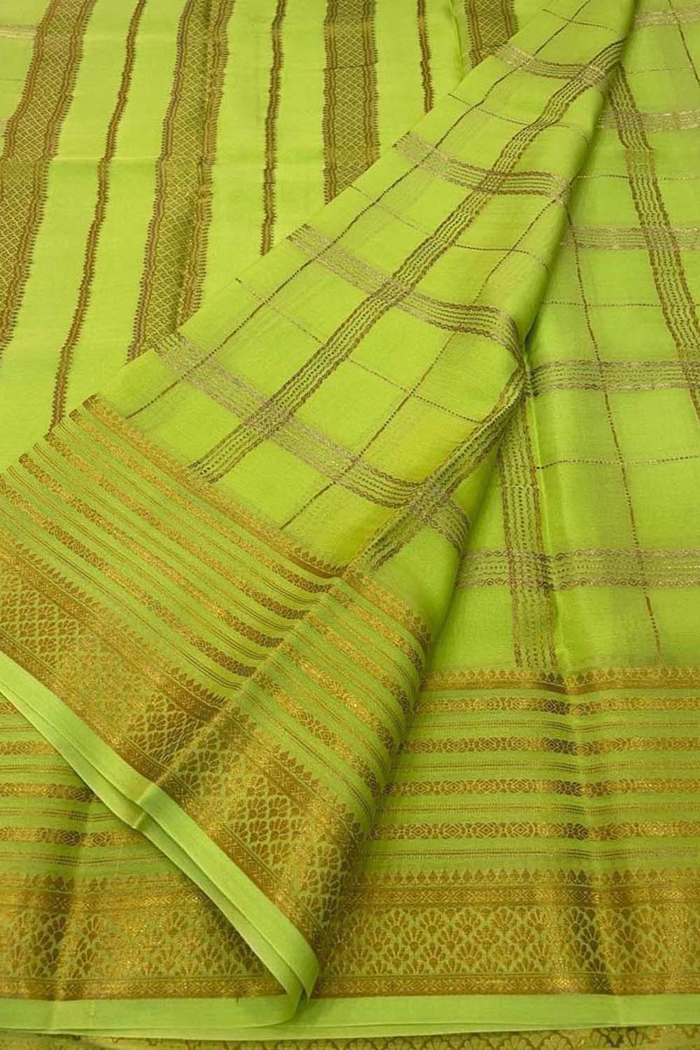 Green Mysore Pure Crepe Silk Saree — Handloom Zari Border, Ethnic Wear