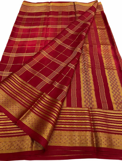 Red Handloom Mysore Pure Crepe Silk Saree