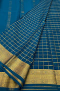 Blue Handloom Mysore Pure Crepe Silk Checks Design Saree