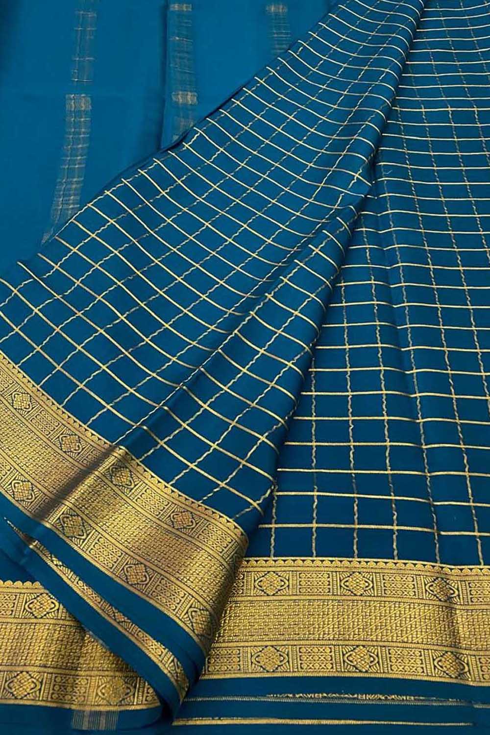 Blue Handloom Mysore Pure Crepe Silk Checks Design Saree