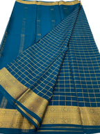 Blue Handloom Mysore Pure Crepe Silk Checks Design Saree