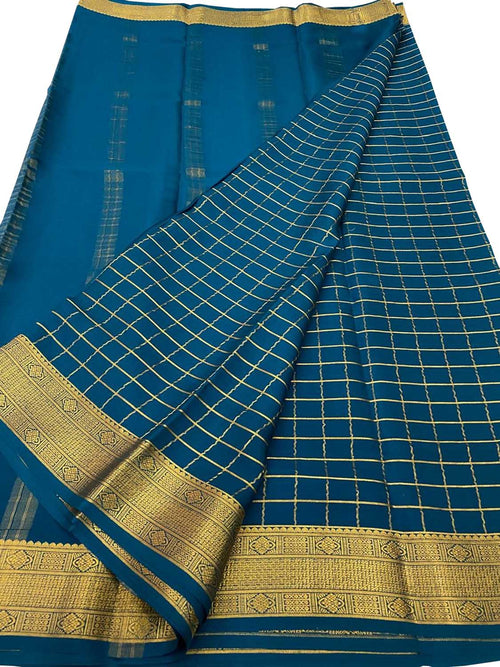 Blue Handloom Mysore Pure Crepe Silk Checks Design Saree