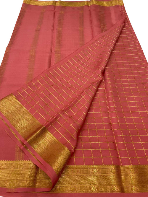 Pink Handloom Mysore Pure Crepe Silk Checks Design Saree