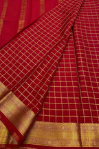 Red Handloom Mysore Pure Crepe Silk Checks Design Saree
