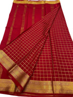 Red Handloom Mysore Pure Crepe Silk Checks Design Saree