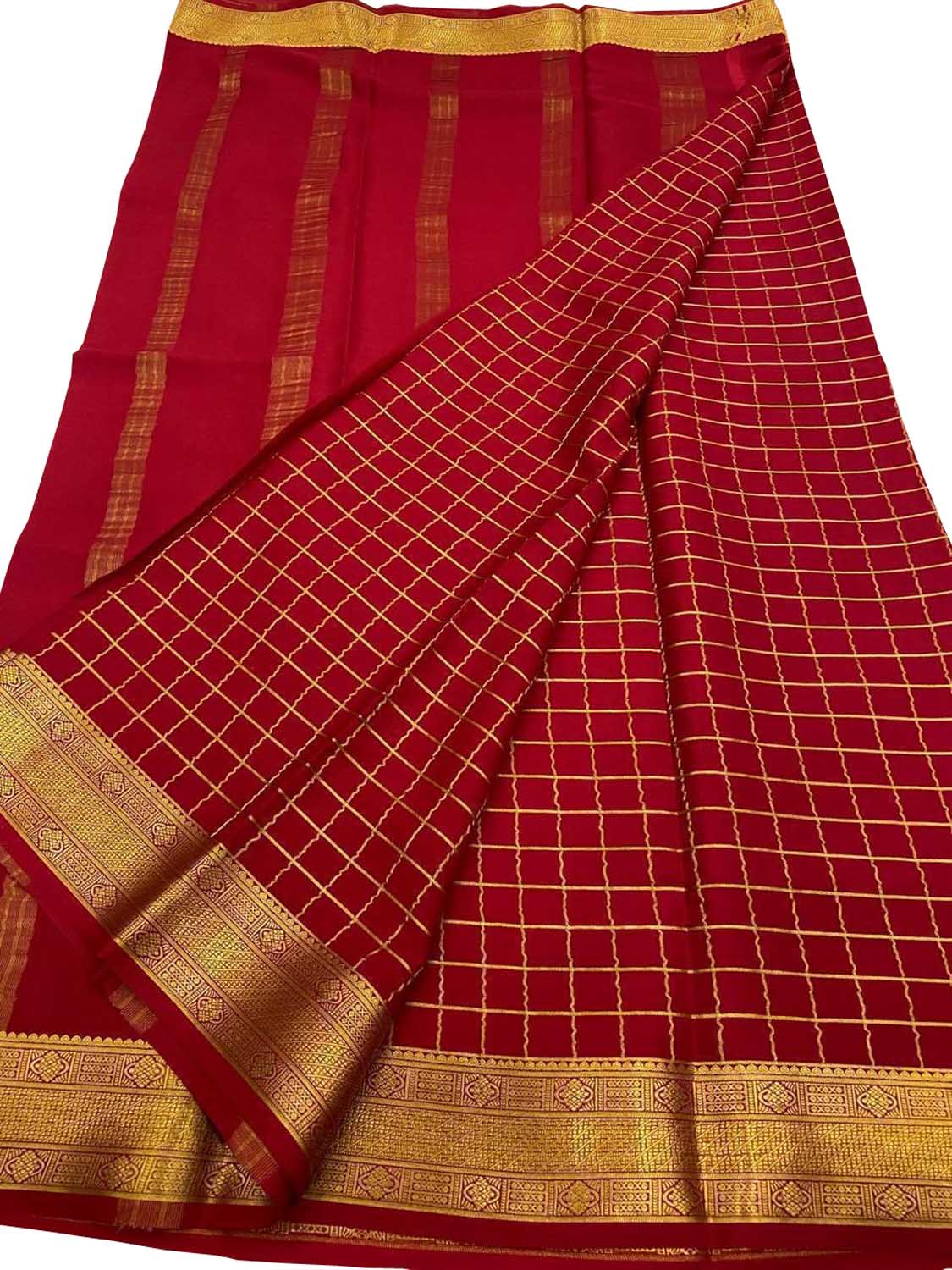Red Handloom Mysore Pure Crepe Silk Checks Design Saree