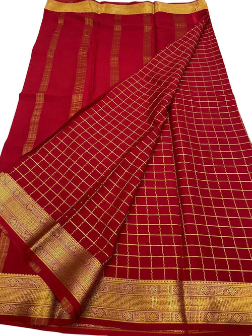 Red Handloom Mysore Pure Crepe Silk Checks Design Saree