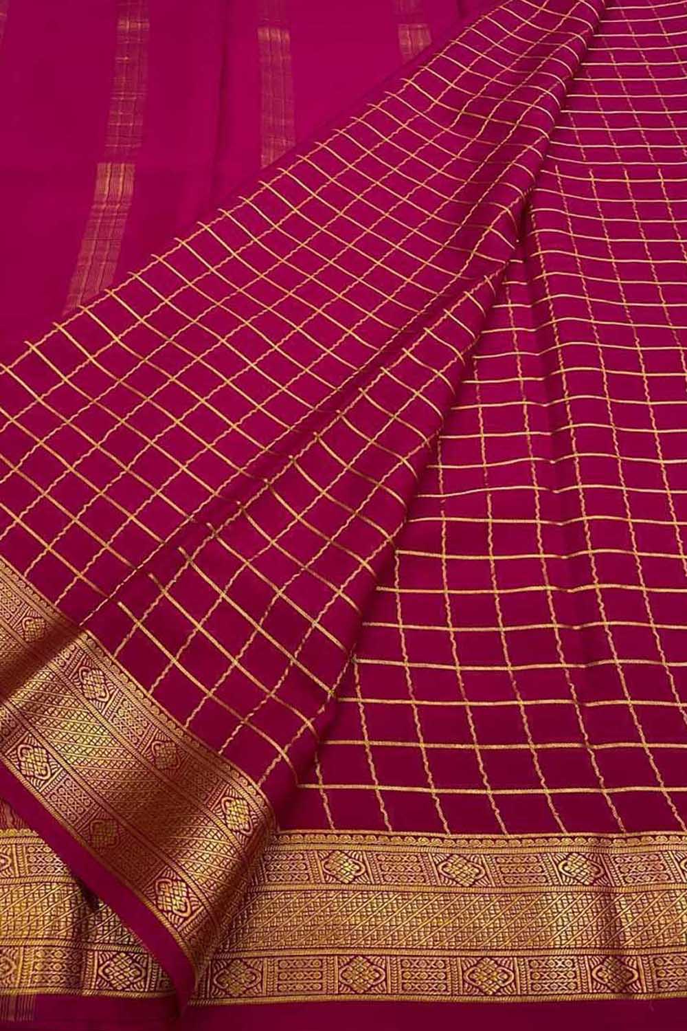 Pink Handloom Mysore Pure Crepe Silk Checks Design Saree