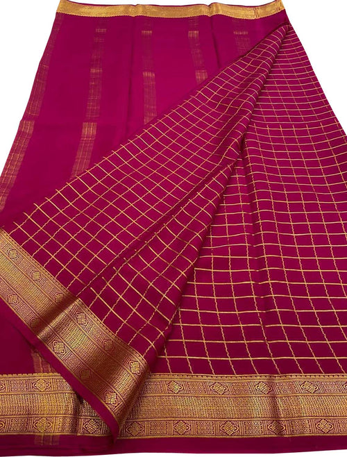 Pink Handloom Mysore Pure Crepe Silk Checks Design Saree