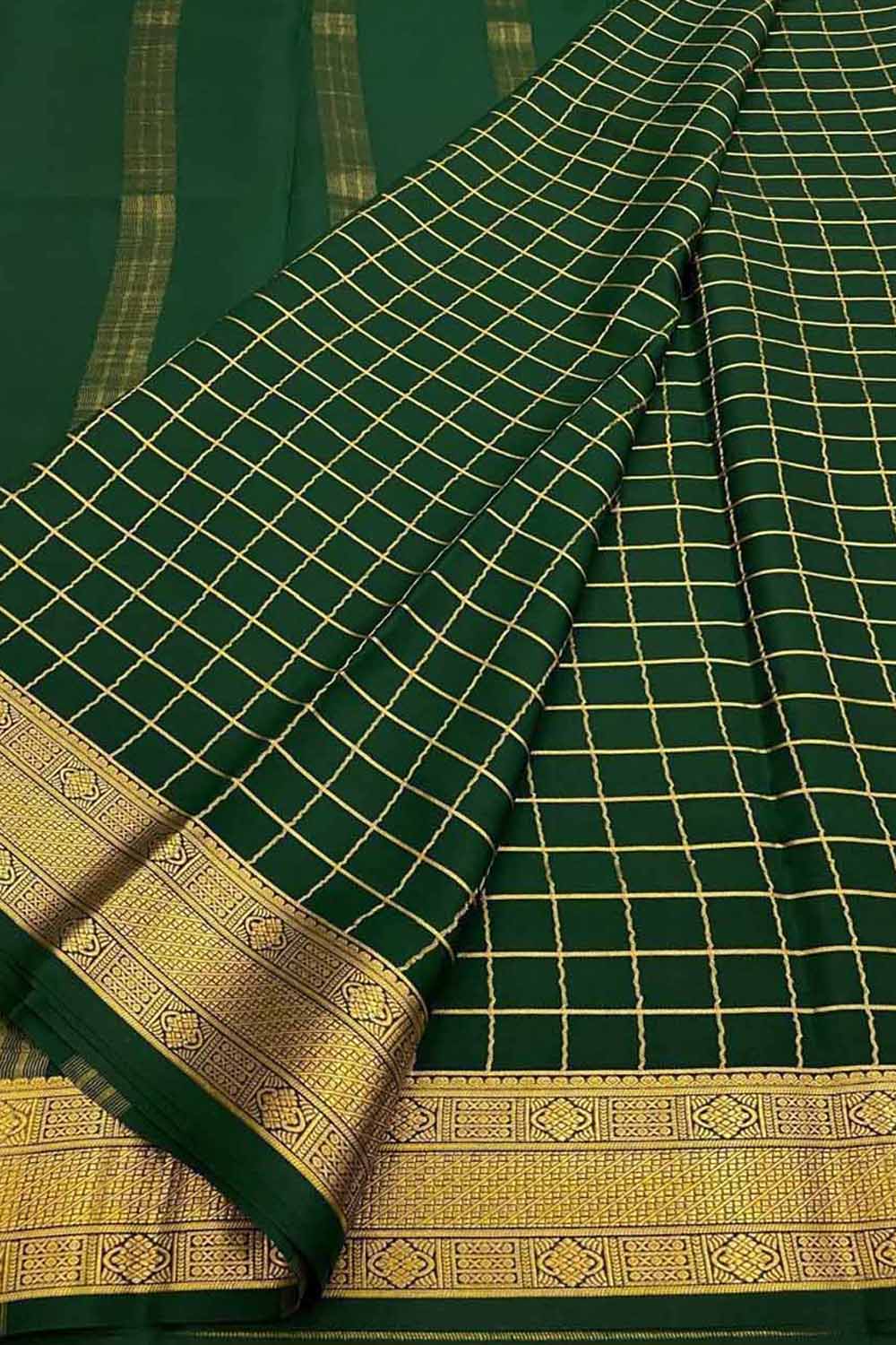 Green Handloom Mysore Pure Crepe Silk Checks Design Saree