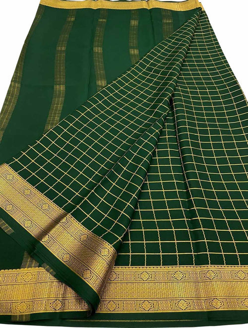 Green Handloom Mysore Pure Crepe Silk Checks Design Saree