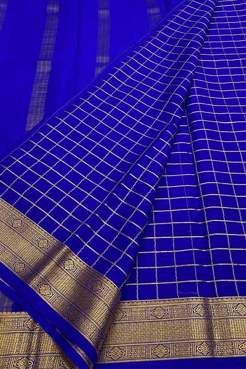 Purple Handloom Mysore Pure Crepe Silk Checks Design Saree