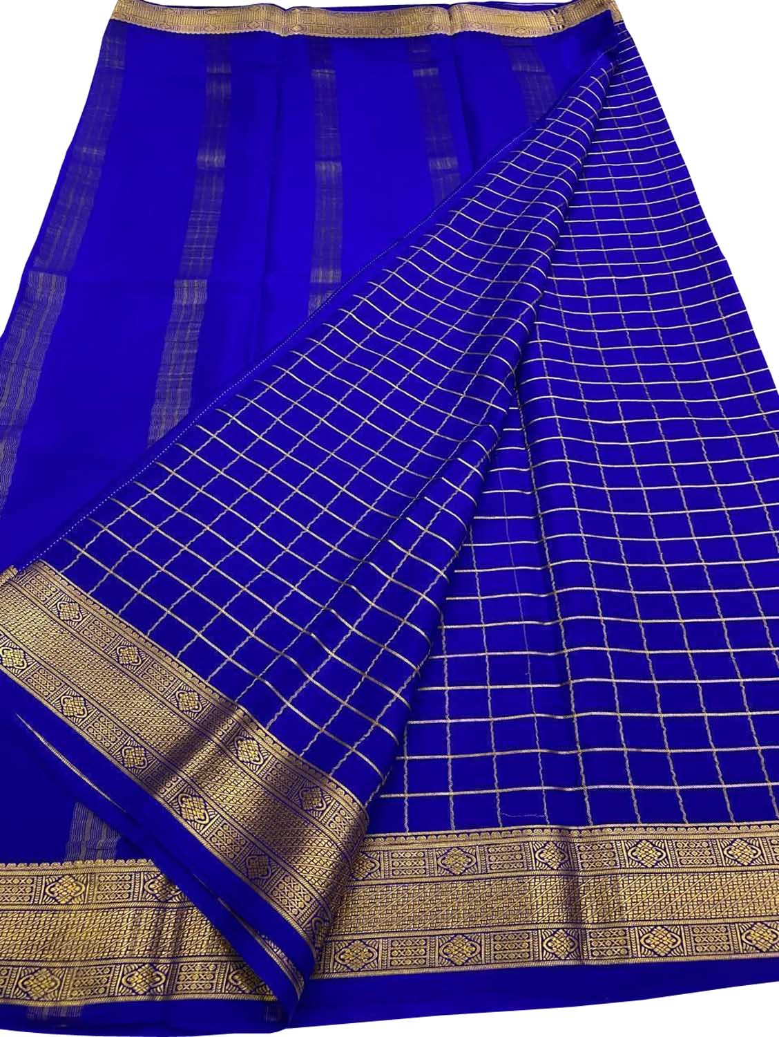 Purple Handloom Mysore Pure Crepe Silk Checks Design Saree
