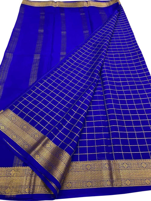 Purple Handloom Mysore Pure Crepe Silk Checks Design Saree