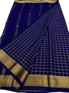 Blue Handloom Mysore Pure Crepe Silk Checks Design Saree