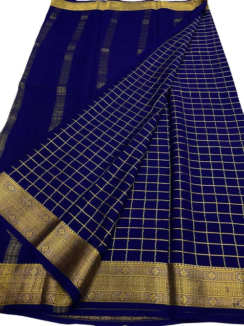Blue Handloom Mysore Pure Crepe Silk Checks Design Saree
