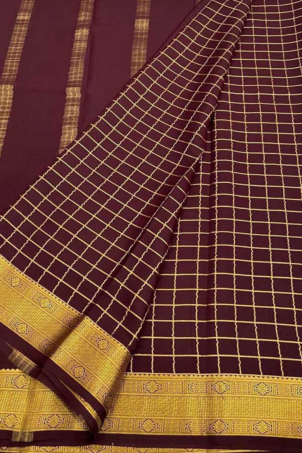 Maroon Handloom Mysore Pure Crepe Silk Checks Design Saree