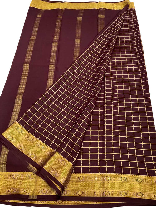 Maroon Handloom Mysore Pure Crepe Silk Checks Design Saree