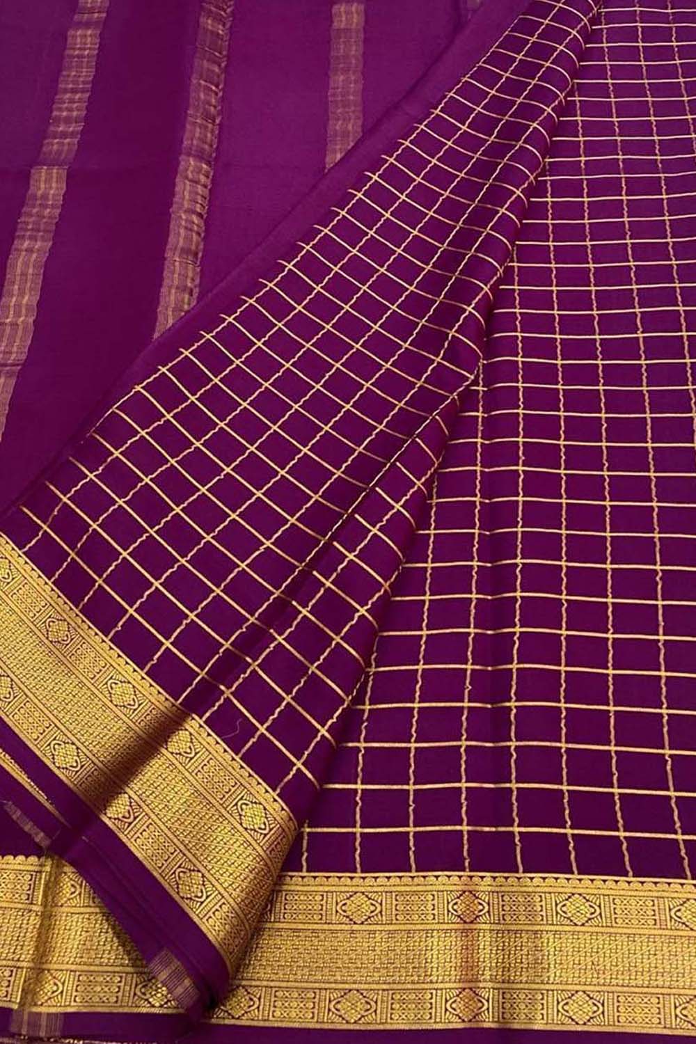 Purple Handloom Mysore Pure Crepe Silk Checks Design Saree