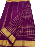 Purple Handloom Mysore Pure Crepe Silk Checks Design Saree