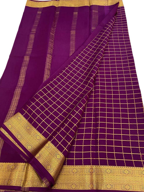 Purple Handloom Mysore Pure Crepe Silk Checks Design Saree