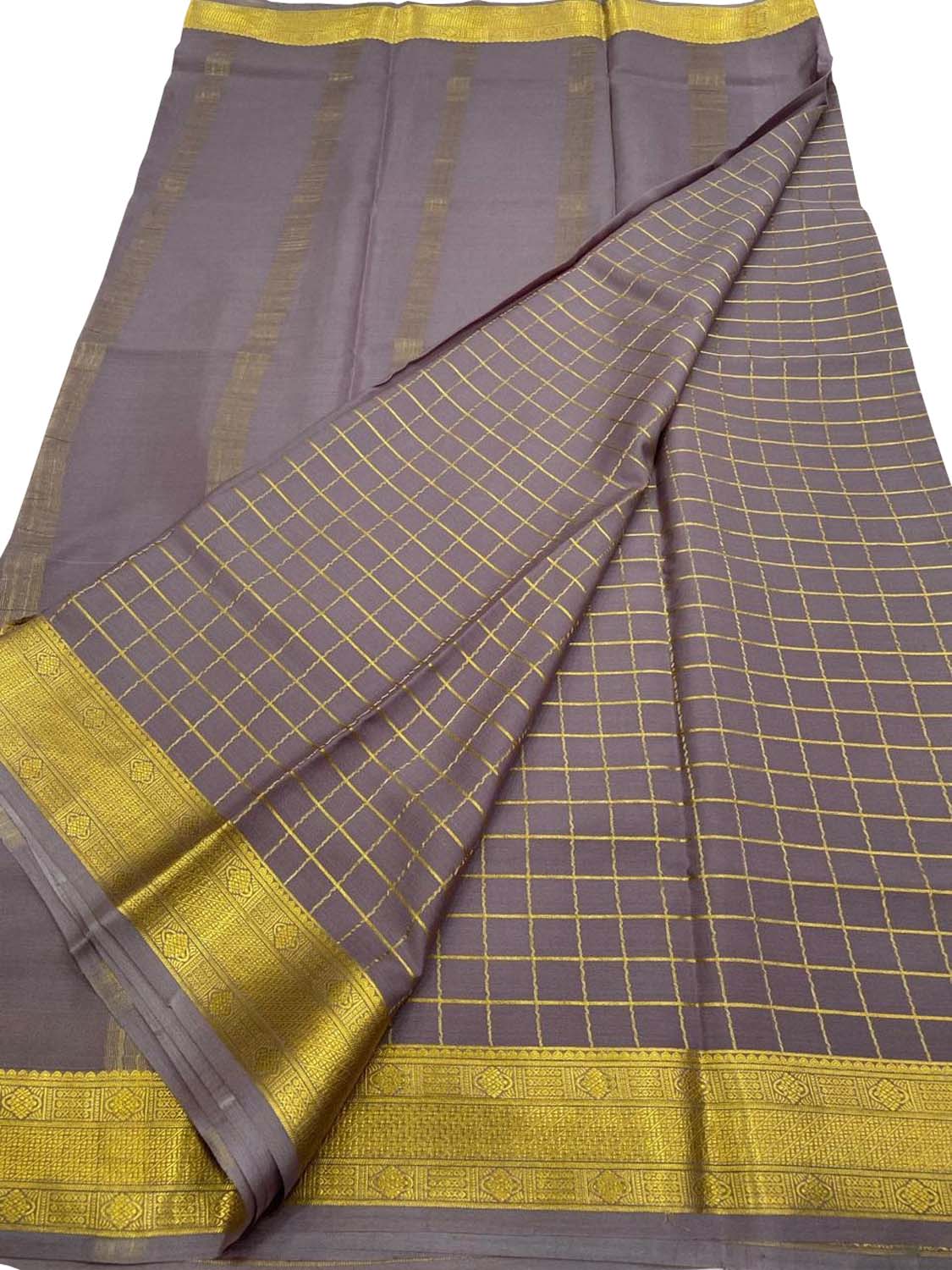 Purple Handloom Mysore Pure Crepe Silk Checks Design Saree