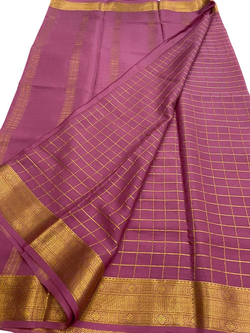 Pink Handloom Mysore Pure Crepe Silk Checks Design Saree