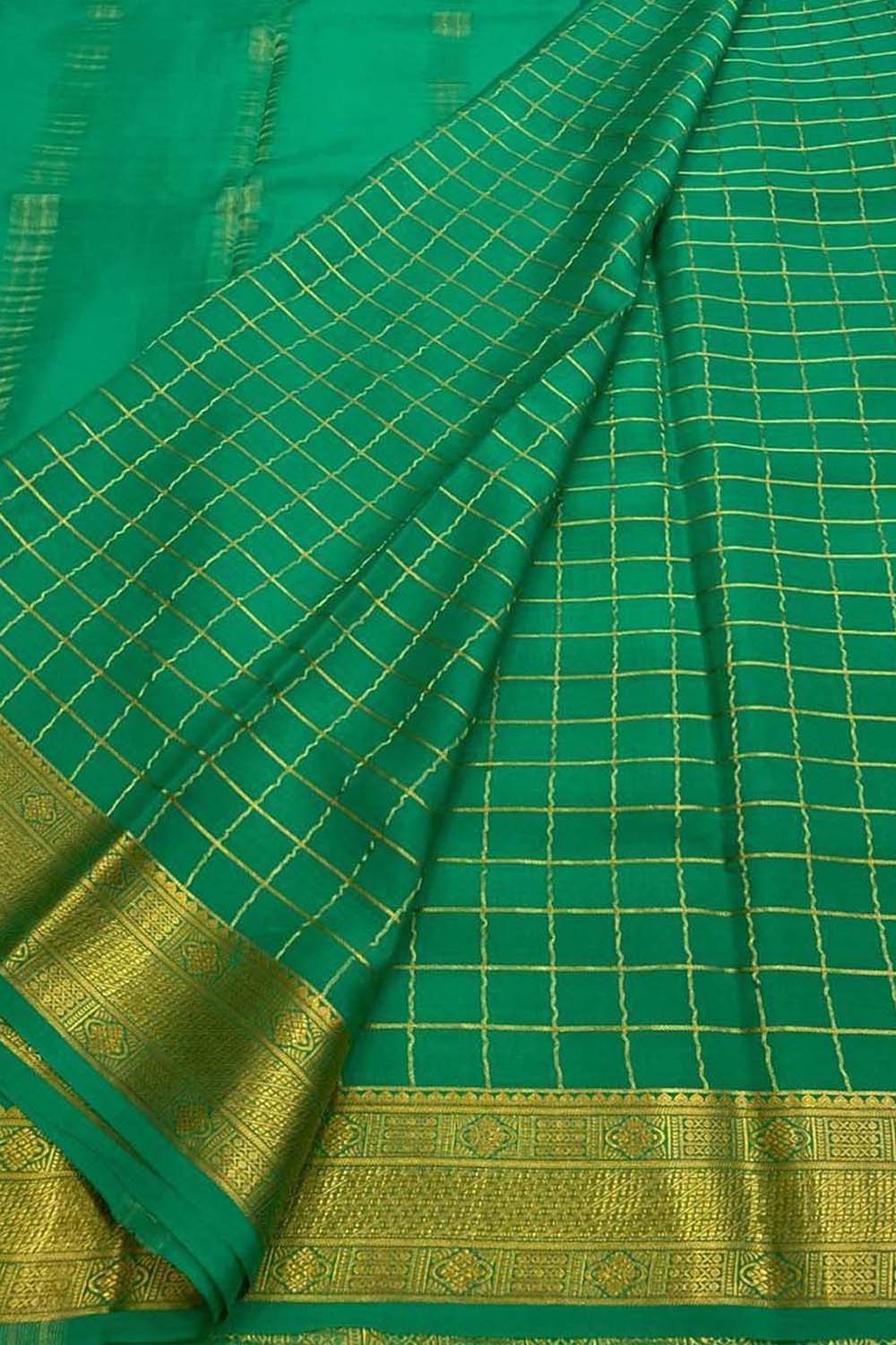Green Handloom Mysore Pure Crepe Silk Checks Design Saree