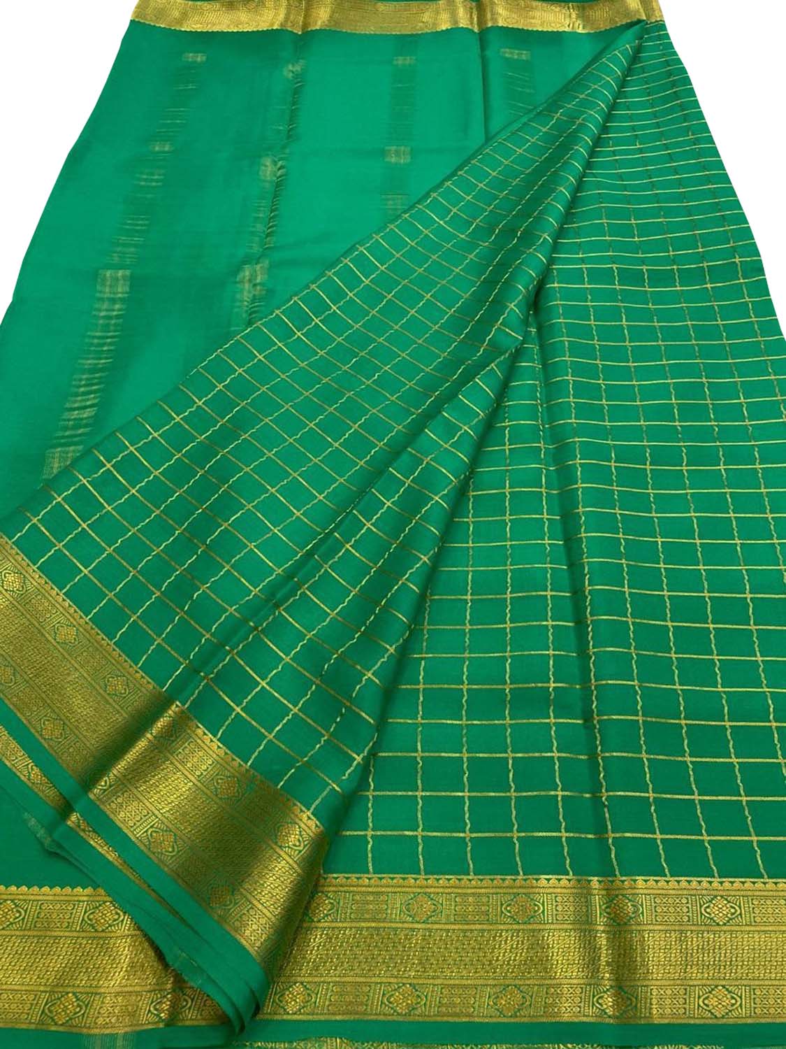 Green Handloom Mysore Pure Crepe Silk Checks Design Saree