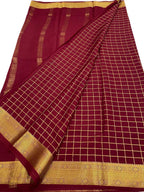 Pink Handloom Mysore Pure Crepe Silk Checks Design Saree