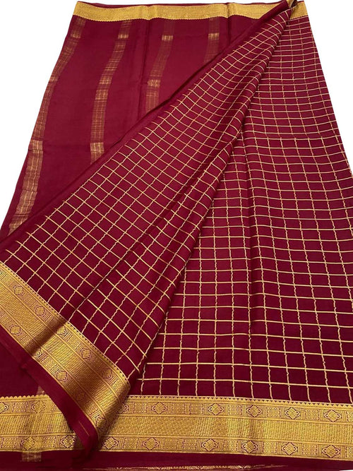 Pink Handloom Mysore Pure Crepe Silk Checks Design Saree
