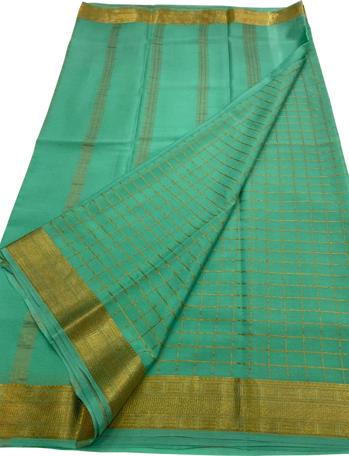 Blue Handloom Mysore Pure Crepe Silk Checks Design Saree