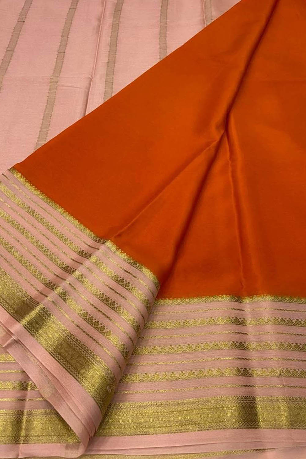 Orange Mysore Pure Crepe Silk Saree — Handloom, Festive Radiance