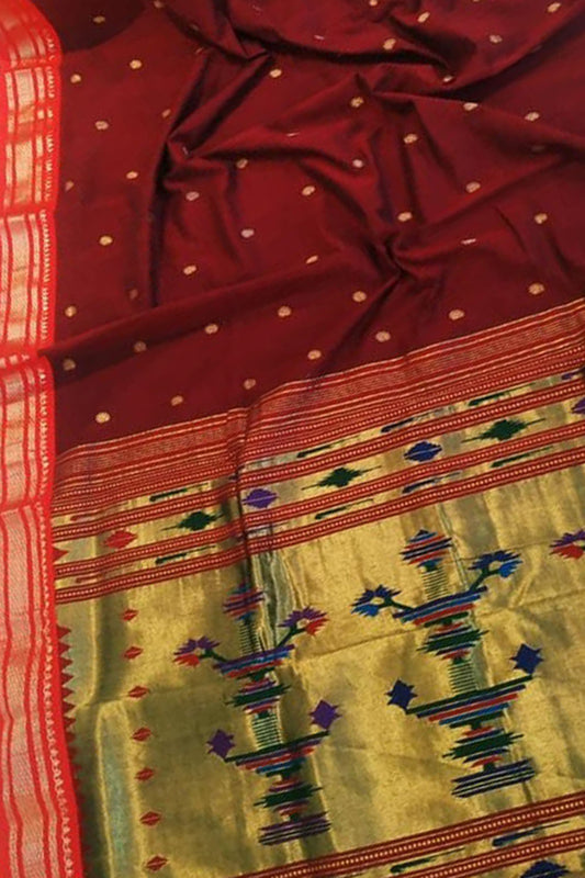 Maroon Paithani Handloom Pure Cotton Saree - Luxurion World