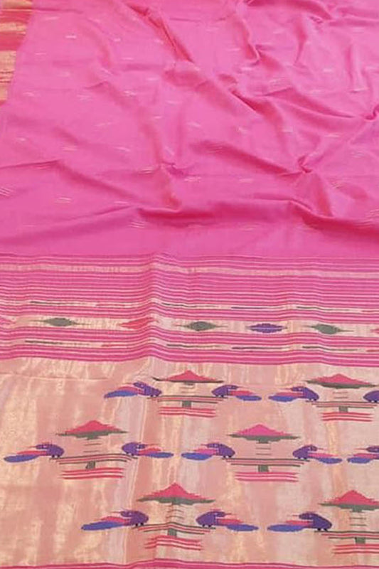 Pink Paithani Handloom Pure Cotton Saree - Luxurion World